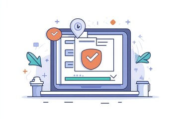 Compliance expert reviewing documents on a laptop with a secure virtual private network and a checkmark icon