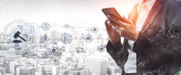 Futuristic digital law interface displaying justice scale, highlighting digital law, AI compliance,...