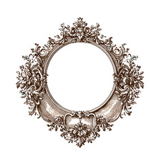 vintage decorative frame and heraldic crest, ornate baroque ornamentation, engraved line art