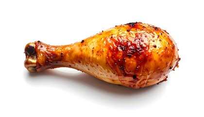 Roasted chicken drumstick, glistening with a rich brown glaze, presented against a pristine white background.