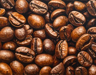 Detailed close-up of richly textured coffee beans, showcasing intricate patterns and warm brown tones.