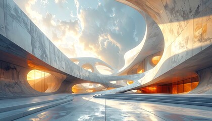 A grand, futuristic concrete structure unfolds, bathed in golden sunlight, showcasing intricate curves and dramatic openings.