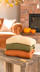 Cozy autumnal sweaters on a wooden bench in front of a fireplace