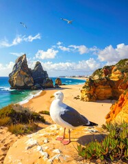 A beautiful seagull perches atop a sunny cliff overlooking a picturesque beach and ocean.
