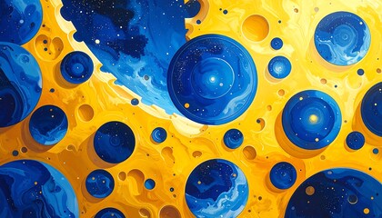 A vibrant portrayal of cosmic spheres nestled within a textured yellow canvas, showcasing a multitude of deep blue celestial bodies.