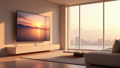 Fototapeta premium Modern living room with large TV on wall. Beige couch, coffee table in front of window with scenic view. Flat screen TV displays serene sunset over water. Minimalist interior design with rug, wooden