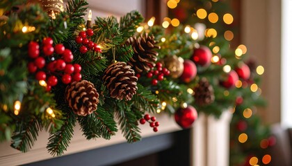 A beautiful Christmas garland made of fir branches, pine cones, and red berries, with blurred fairy lights in the background. Concept of festive and holiday atmosphere