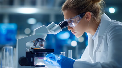 Fototapeta premium Female laboratory technician in white coat using microscope with test tube in modern lab