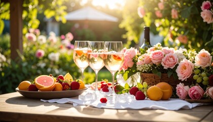 Romantic table setting with two glasses of rosé, a fruit platter, and a bouquet of roses. Perfect for summer, celebrations, and outdoor dining.