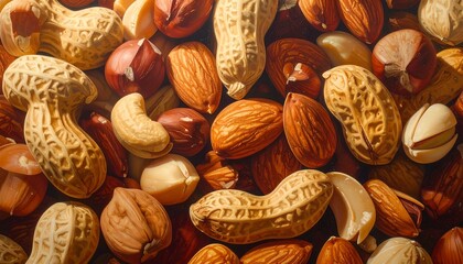 Close-up view of a variety of nuts, showcasing their diverse textures and warm tones.