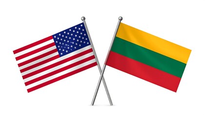 Two national flags, the United States of America and Lithuania, displayed side-by-side, affixed to metal flagpoles, set against a stark white background.