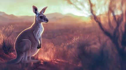 Kangaroo resting in the golden light of dusk in the Australian outback, surrounded by sparse vegetation and distant mountains, evoking a peaceful moment in nature
