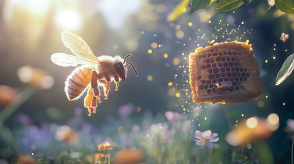 Buzzing bee collects nectar near a honeycomb in a vibrant garden filled with wildflowers during golden hour illuminated by soft sunlight