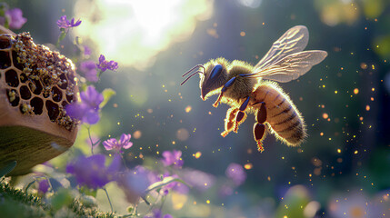 Honey bee flying near blooming flowers in a vibrant garden during golden hour, showcasing nature's beauty and ecological importance