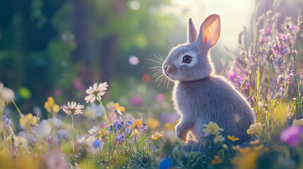 Soft gray rabbit sitting among vibrant wildflowers in a sunlit meadow during early morning, symbolizing serenity and nature's beauty