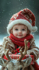 Cute child in festive clothing enjoying snowy winter wonderland with reindeer antlers and a present during holiday season