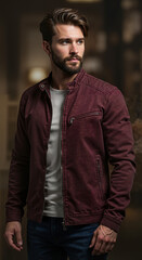 Obraz premium Young man posing in maroon jacket with warm indoor background 
