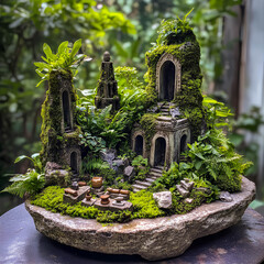 Miniature ancient ruins surrounded by lush greenery in a serene garden setting creates a tranquil atmosphere for reflection and peace