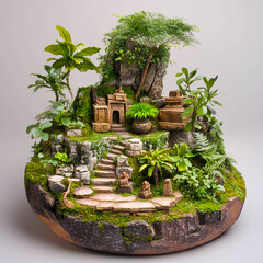 Miniature garden featuring ancient ruins and lush greenery set on a stone base, showcasing intricate details with various plants and decorative elements