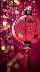 Red lantern decoration celebrating traditional festival at night with glowing bokeh background creating a festive atmosphere and highlighting cultural significance