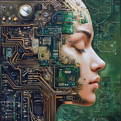 Fusion of technology and humanity displayed in a digital art piece highlighting a human face integrated with circuit board patterns and electronic components