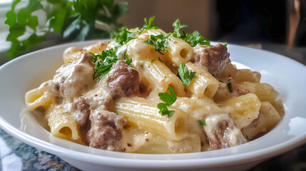 Creamy pasta dish served with parsley and meat in a cozy kitchen setting during daytime