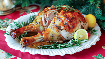 Roast turkey legs garnished with fresh herbs and lemon served on a decorative platter during a festive meal