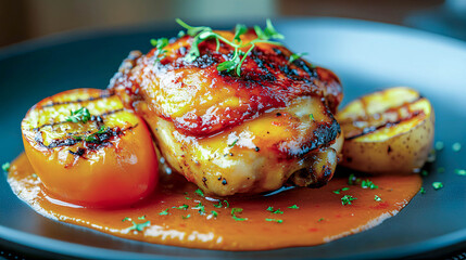 Juicy grilled chicken thigh served with roasted vegetables and rich sauce at a fine dining restaurant in the evening