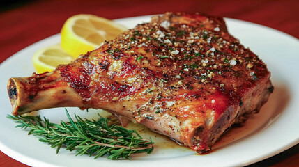 Savory grilled lamb chop seasoned with herbs, garnished with lemon slices and fresh rosemary on a white plate, showcasing a delicious meal ideal for lunch or dinner