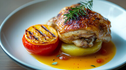 Grilled chicken thigh served on a bed of zucchini and accompanied by charred tomato, garnished with fresh rosemary, showcasing a vibrant and flavorful dish