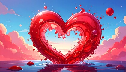 A vibrant heart-shaped splash of red liquid, beautifully formed against a sunrise sky, creating a captivating and romantic scene.