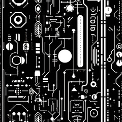 Intricate digital circuit design featuring abstract patterns and geometric shapes on a black background