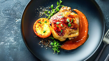 Delicious grilled chicken thigh served with a rich tomato sauce and roasted tomato, garnished with fresh herbs, perfect for a gourmet meal in a modern dining setting