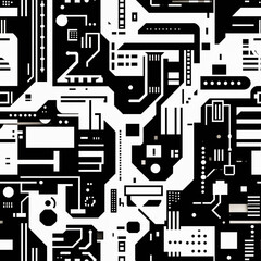 Abstract black and white circuit design with intricate patterns and modern textures representing digital technology and connectivity