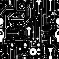 Intricate circuit board design featuring various patterns and symbols on a solid black background, representing modern technology and digital innovation in a seamless layout