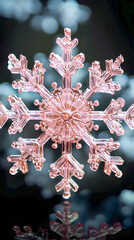 Delicate pink snowflake glistening against a blurred icy background, showcasing intricate crystalline structures and unique formations on a winter's day