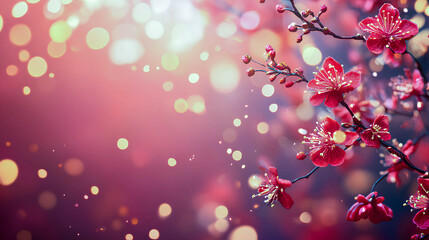 Cherry blossom branches adorned with sparkling bokeh lights create a magical atmosphere capturing the essence of springtime celebrations and natural beauty