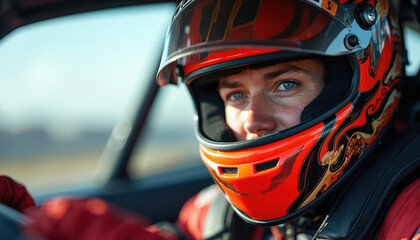 Race car driver wears red ornate helmet, sits inside car cockpit. Young pilot focused blue eyes look ahead to track. Prepares for fast speed competition. Athlete ready for motorsport challenge.