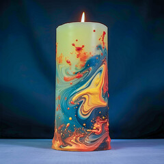 Colorful decorative candle burns brightly, showcasing swirling patterns of orange, blue, and yellow hues against a dark background