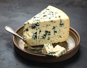 A rich slice of blue cheese rests on a dark plate, showcasing its creamy texture and speckled blue veins.