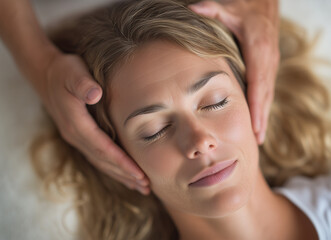Naklejka premium Relaxation session for a woman receiving a gentle head massage in a calm wellness center during the afternoon Generative AI