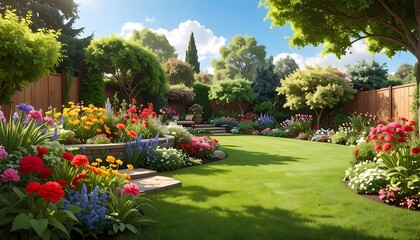 A vibrant, colorful garden with lush greenery and flowerbeds, showcasing a well-maintained backyard landscape.
