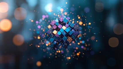 Colorful cube with a blurry background. The cube is made up of many small squares, and the background is a mix of orange and blue. The image has a dreamy, surreal feel to it