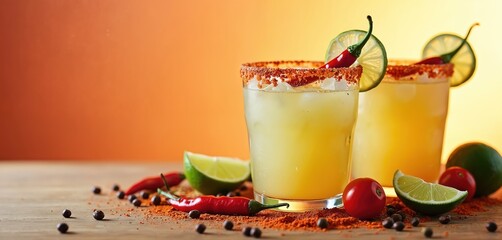 Two spicy margarita cocktails stand on wooden counter. Chili peppers, lime wedges, tomatoes garnish drinks. Festive orange background for mexican drinks concept or pub menu design.
