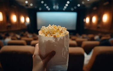Enjoying a bag of fresh popcorn in a cozy movie theater during an evening film screening Generative AI