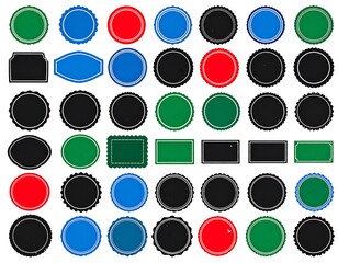 A collection of various shapes and colors of decorative empty labels.