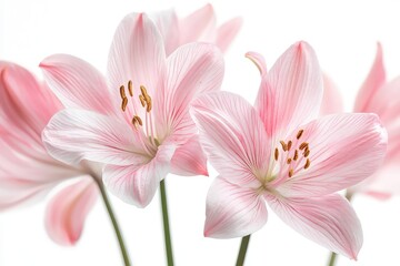 Fototapeta premium Delicate pink lily flowers in a pond, isolated against a white backdrop