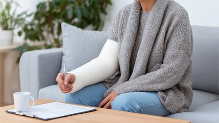 Woman with broken arm writing on document. Injury recovery and insurance claim concept. Disability support services imagery.