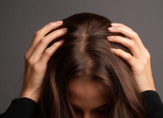 Naklejka premium Woman with long brown hair holding her head in a thoughtful pose against a simple dark background Generative AI