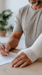 Man with broken arm filling out document for insurance claim. Medical insurance application for accident and injury.